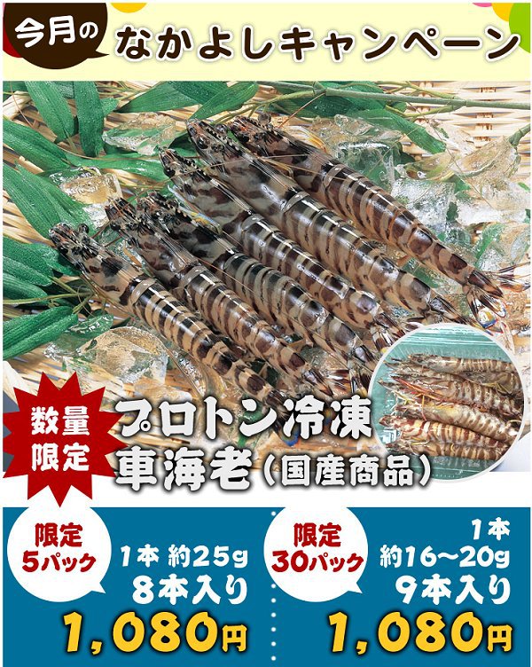 海老仙通販うなぎくらぶ”なかよしキャンペーン” プロトン冷凍車クルマエビ2種 1080円限定数セール! 海老仙通販うなぎくらぶ”なかよしキャンペーン” プロトン冷凍車クルマエビ2種 1080円限定数セール!