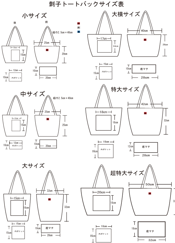 刺子トートバックサイズ表 刺子トートバックサイズ表