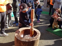 うさぎ杵で餅つき
