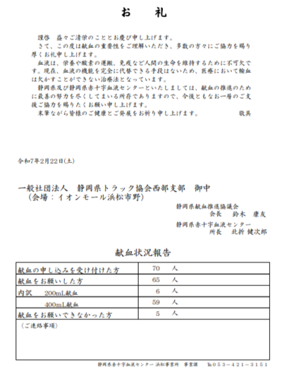 献血呼びかけ活動を行いました。～静岡県トラック協会西部支部青年部・女性部～