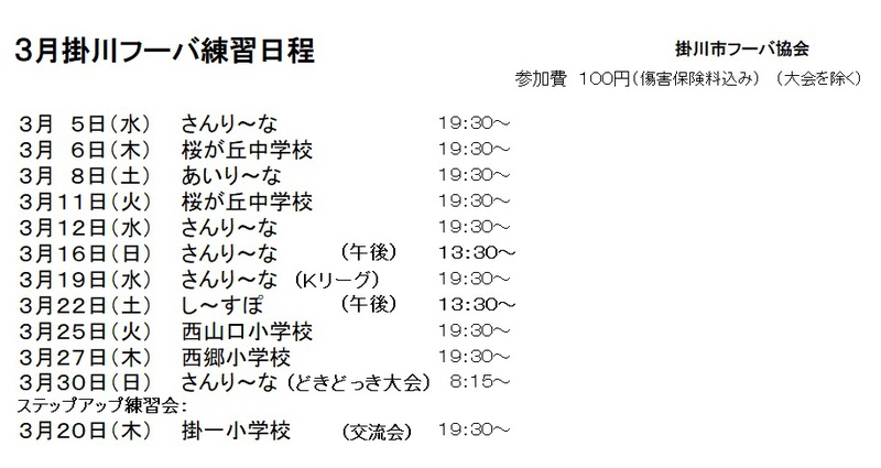 ３月掛川フーバ練習日程